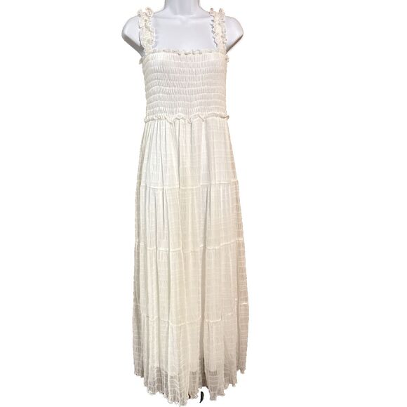 Max Studio Ivory Dress Women Sz S Smocked Tiered Maxi  Boho-Chic Fairy NWT - Picture 1 of 12
